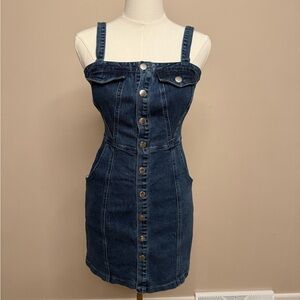 Allegra K Dark Blue Denim Dress Adjustable Straps Button Down Snaps Pockets Flaw